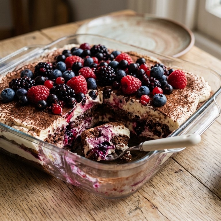 Tiramisu met cakebodem en bosvruchten