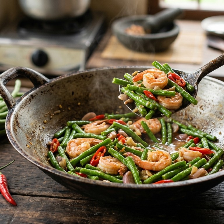Toemis kacang panjang (kouseband met garnalen)