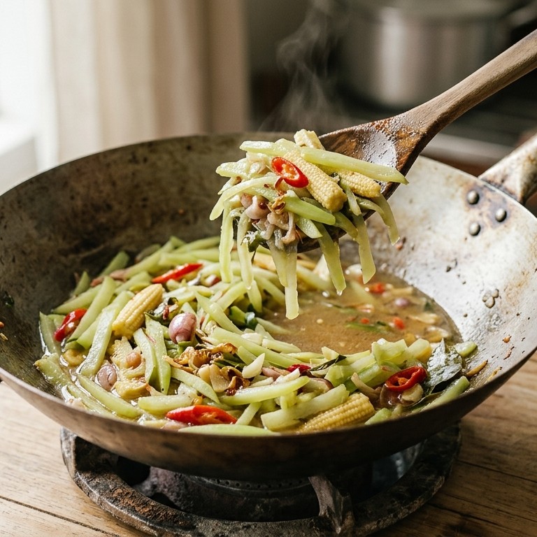 Toemis labu siam (roerbak van kruidige sjalotjes en mais)