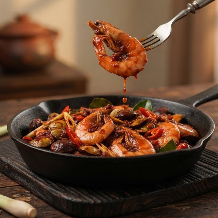 Toemis Udang Jengkol Pedis (Geroosterde garnalen in pittige saus)