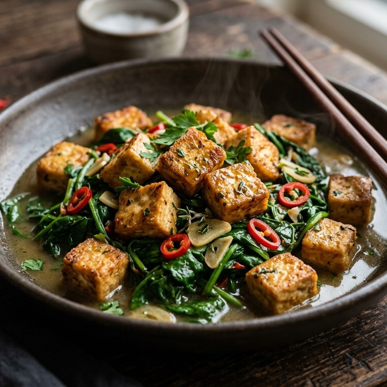 Tofu met spinazie en pepertjes