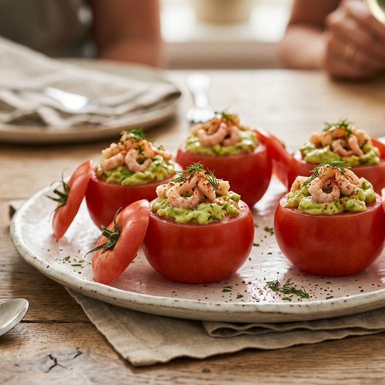 Tomaatjes gevuld met avocado en hollandse garnalen