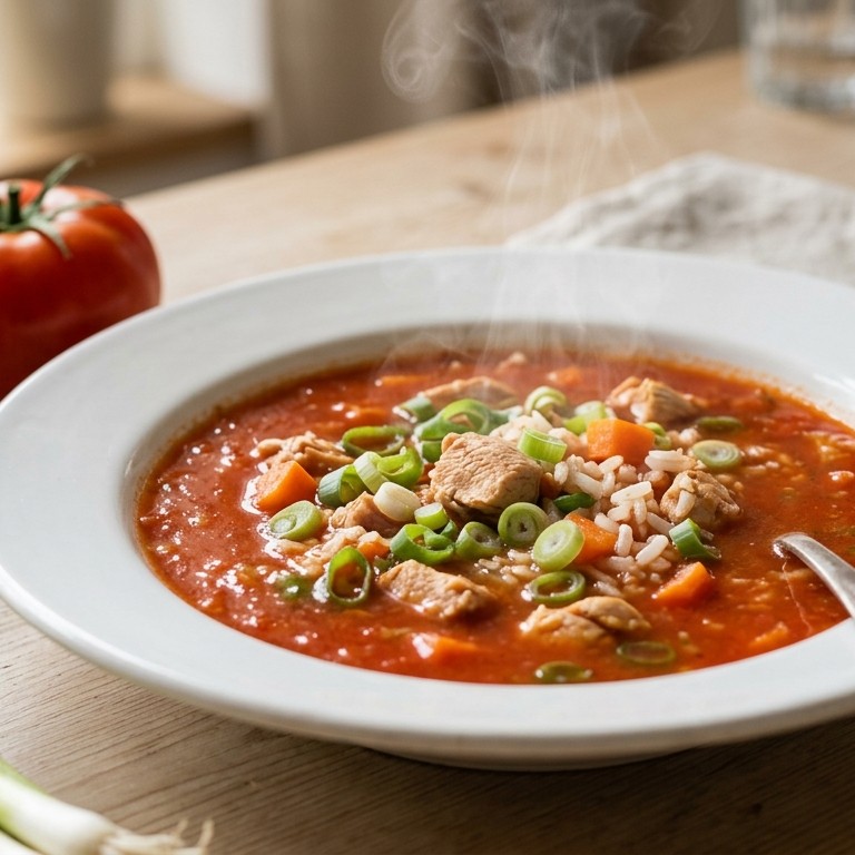 Tomaten-kippensoep met bosui, worteltjes en rijst