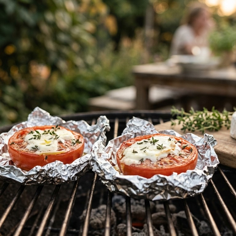 Tomaten met geitenkaas in folie op de BBQ