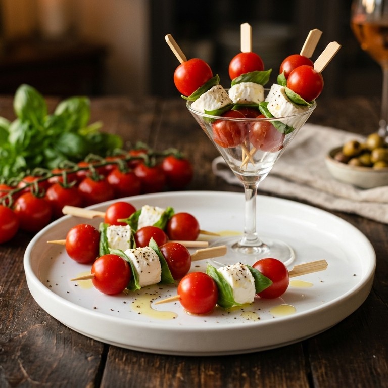 Tomatenprikkertjes met geitenkaas en basilicum