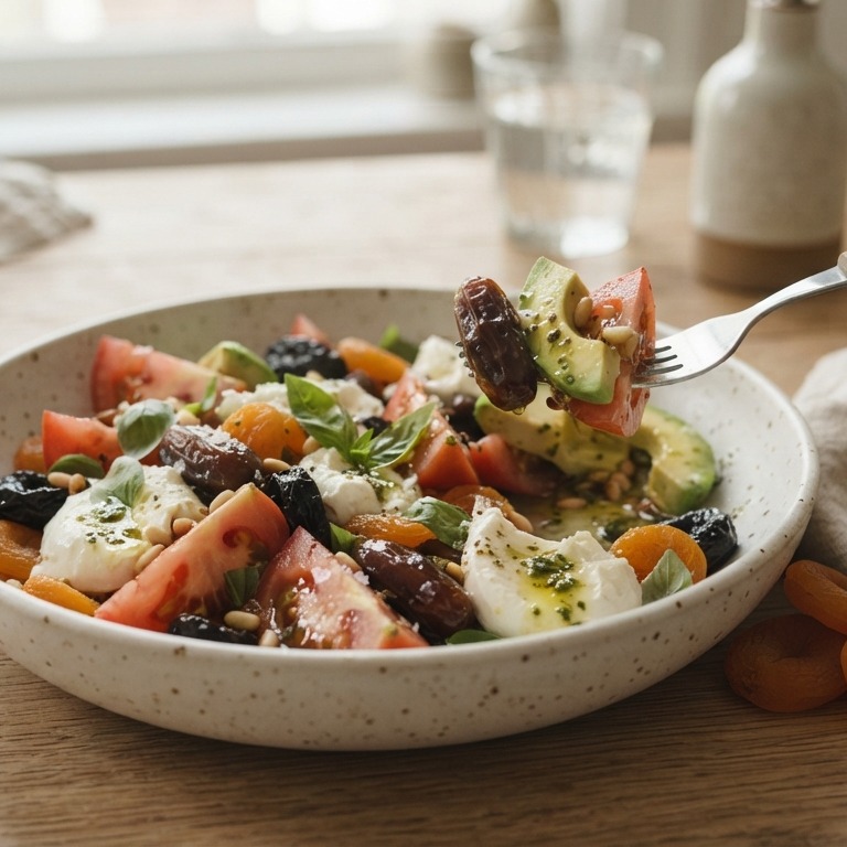 Tomatensalade met gedroogd fruit en mozzarella