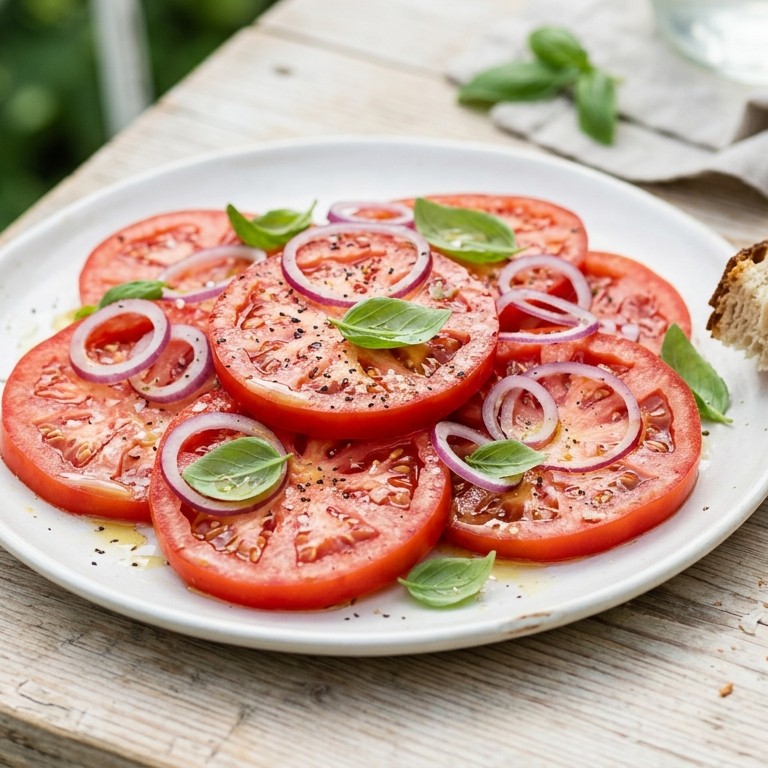 Tomatensalade met rode ui en basilicum