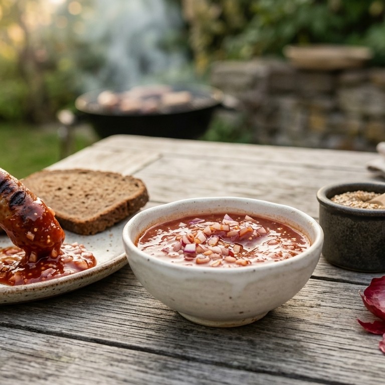 Tomatensaus met gesnipperde ui en mosterd