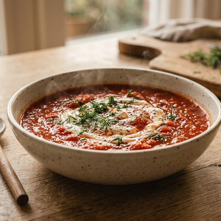 Tomatensoep met creme fraiche, knoflook en dille