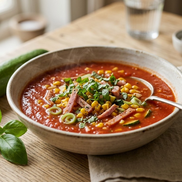 Tomatensoep met mais en ham
