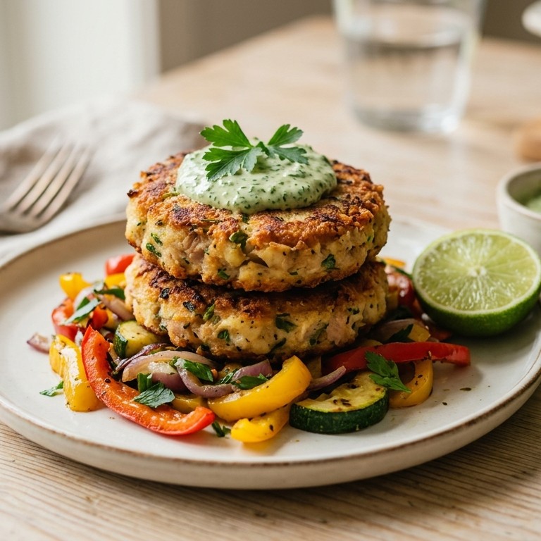 Tonijnburgers met groenten en kruidensaus