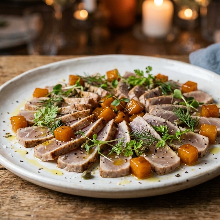 Tonijncarpaccio en pompoen in siroop