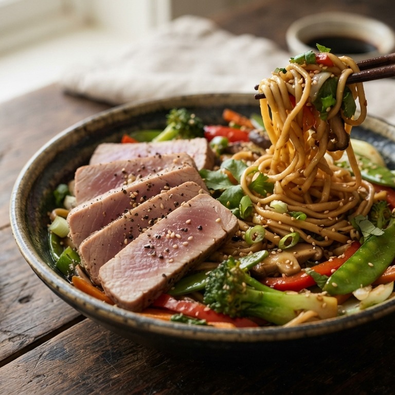 Tonijnsteak met noedels en wokgroenten in sojasaus