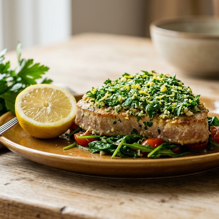 Tonijnsteak met peterselie citroenlaagje