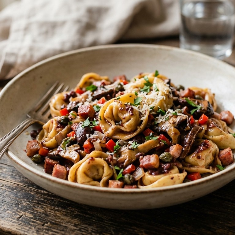 Tortelini met champignons, spekjes en tapenade