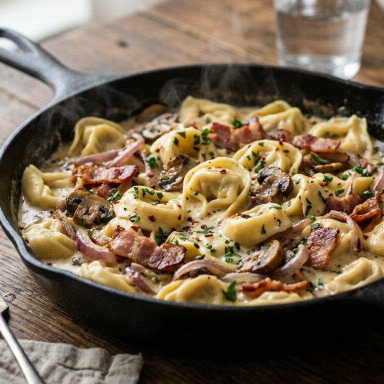 Tortellini kaas met rode peper, knoflook, spek en ui