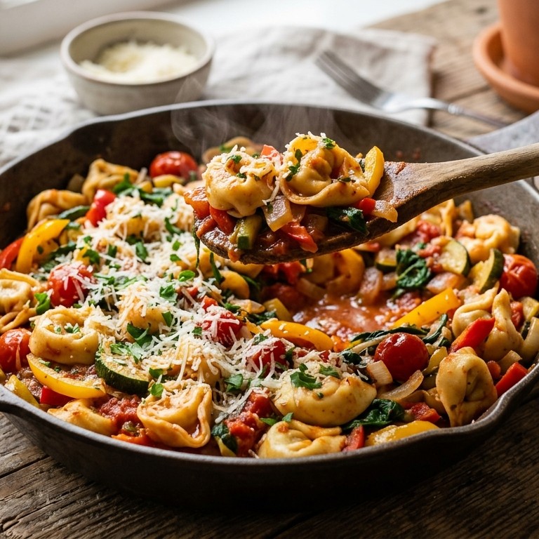 Tortellini met tomatensaus en roerbakgroente