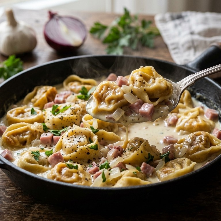 Tortelloni met ham en knoflookroom