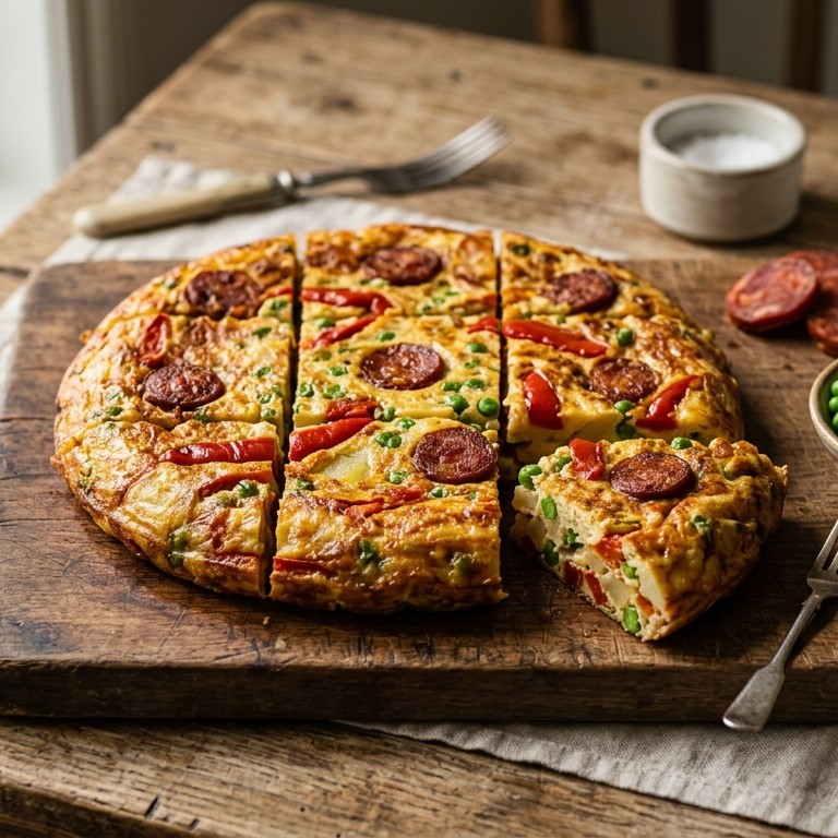 Tortilla met chorizo, paprika en doperwtjes