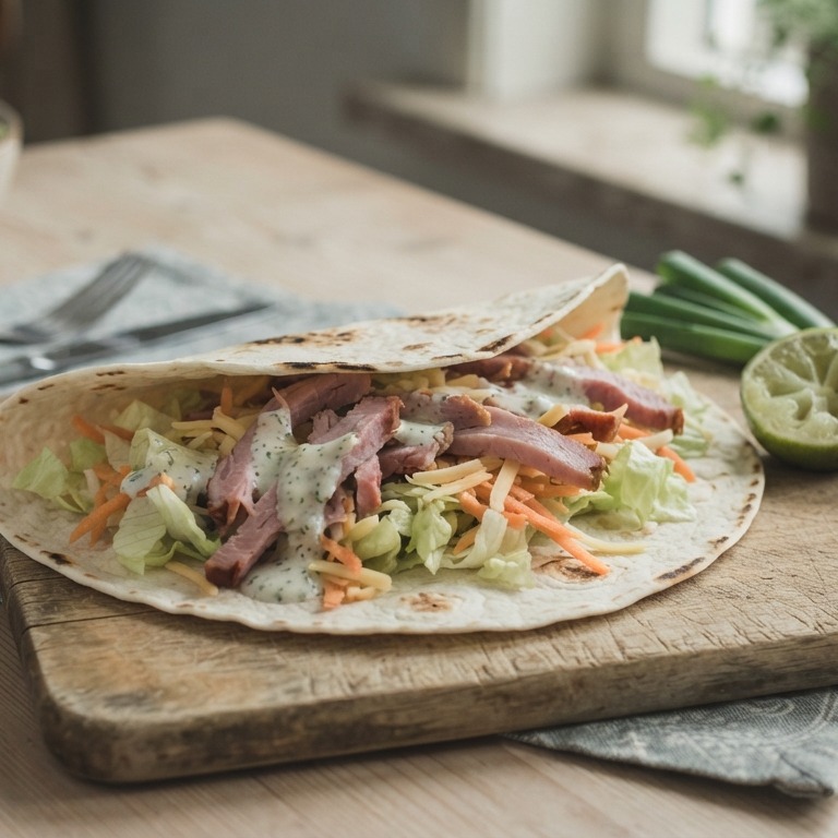 Tortilla met gemengde sla en reepjes casselerrib