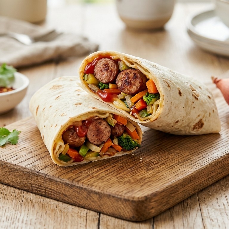 Tortilla met roerbakgroenten en runderworsten