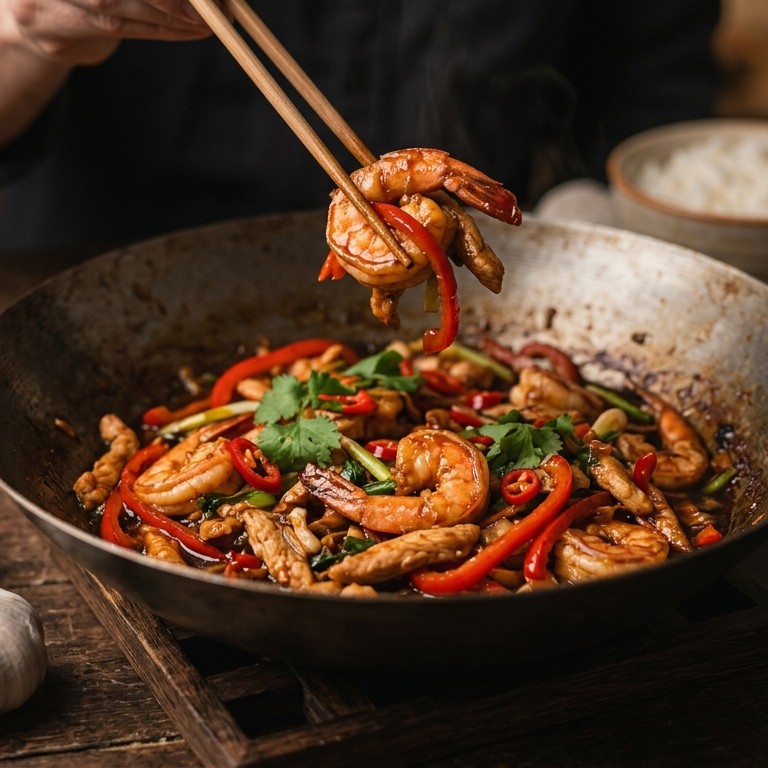 Udang Ajam dan paprika (zeer pittige kip met garnalen)