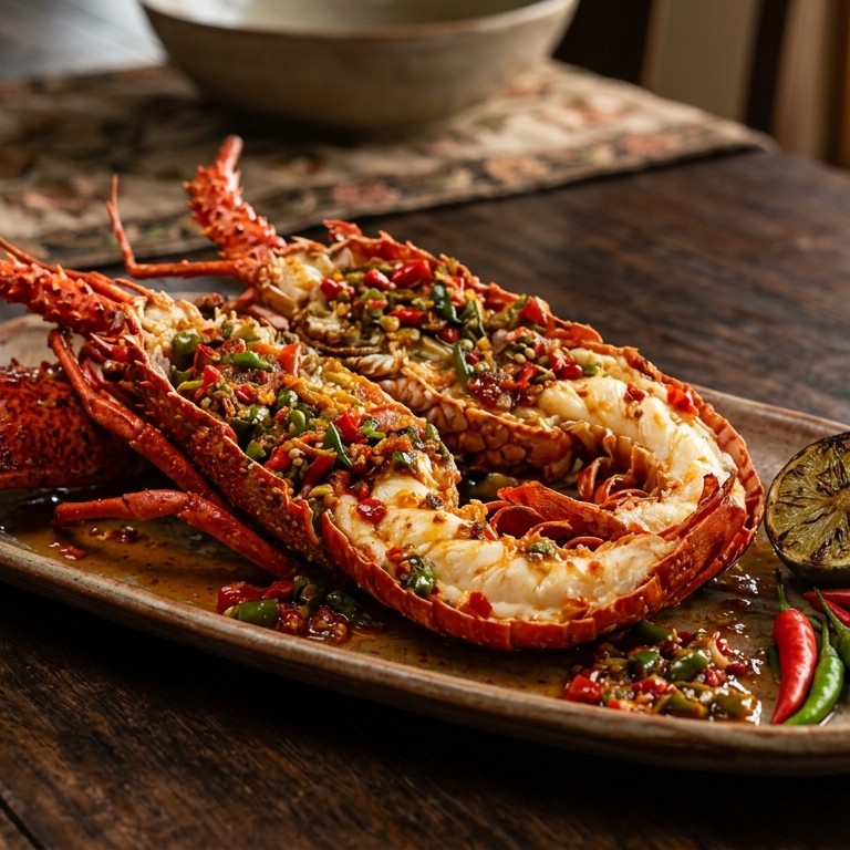 Udang Karang Boemboe Cabai (pittig gebakken kreeft)