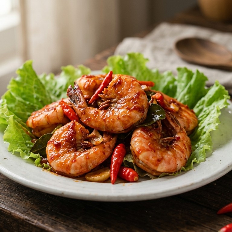 Udang pedis (scherp gekruide garnalen met sla)