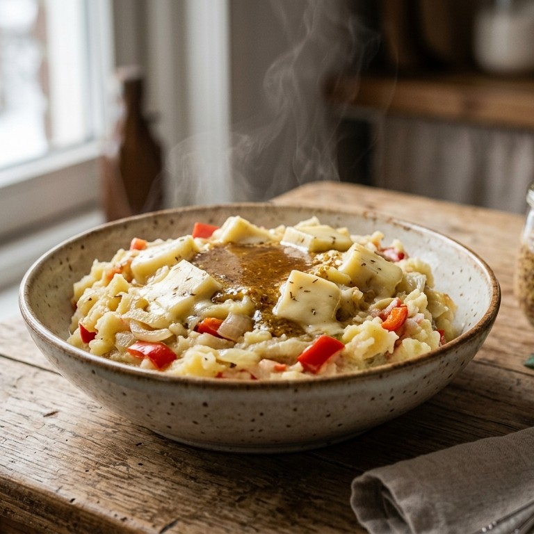 Ui-paprikastampot met leidse kaas en mosterdsaus