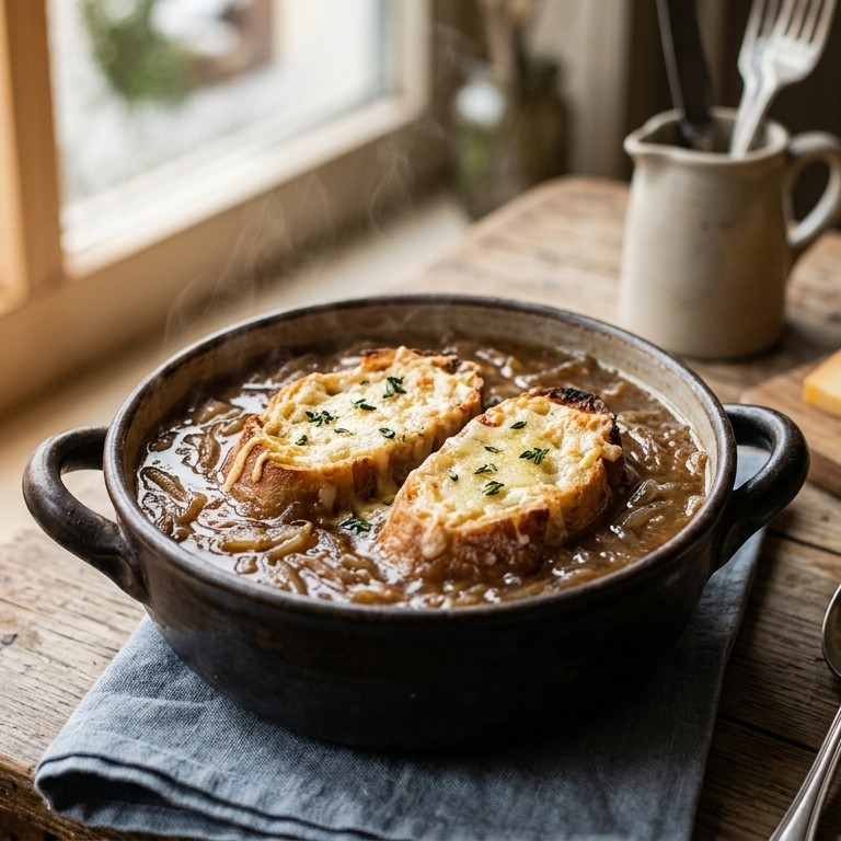 Uiensoep met kaasstokbrood