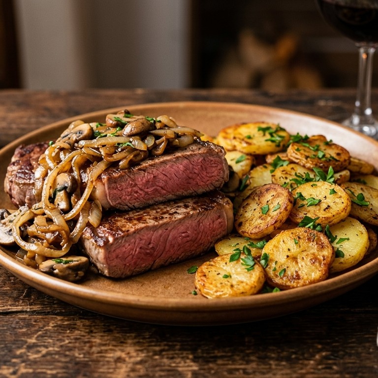 Uiensteaks met gebakken aardappelen