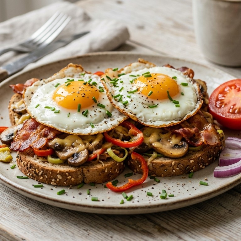 Uitsmijter met champignons, rode paprika en gebakken bacon