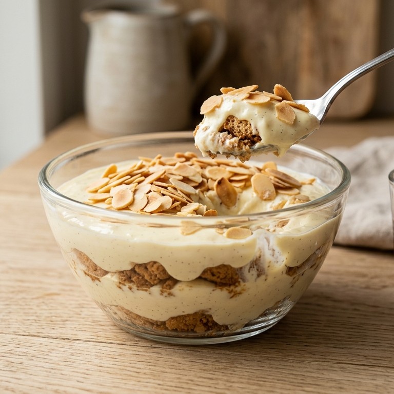 Vanillekwark met bitterkoekjes en amandelschaafsel