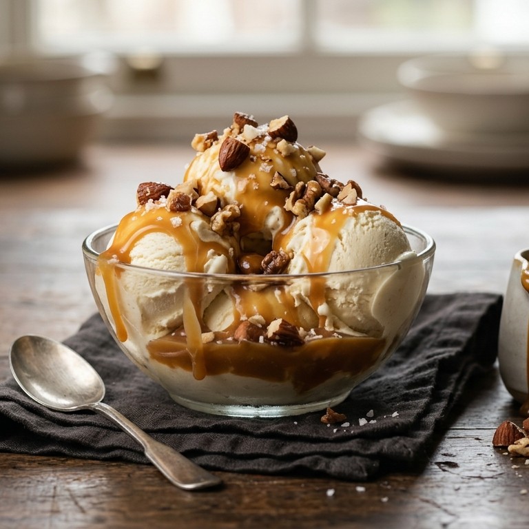 Vanilleroomijs met karamelsaus en noten