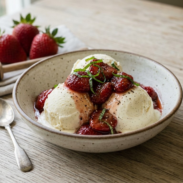 Vanilleroomijs met warme aardbeien