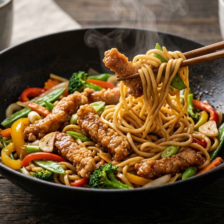 Varkenfilet reepjes met wokgroenten en eiermie