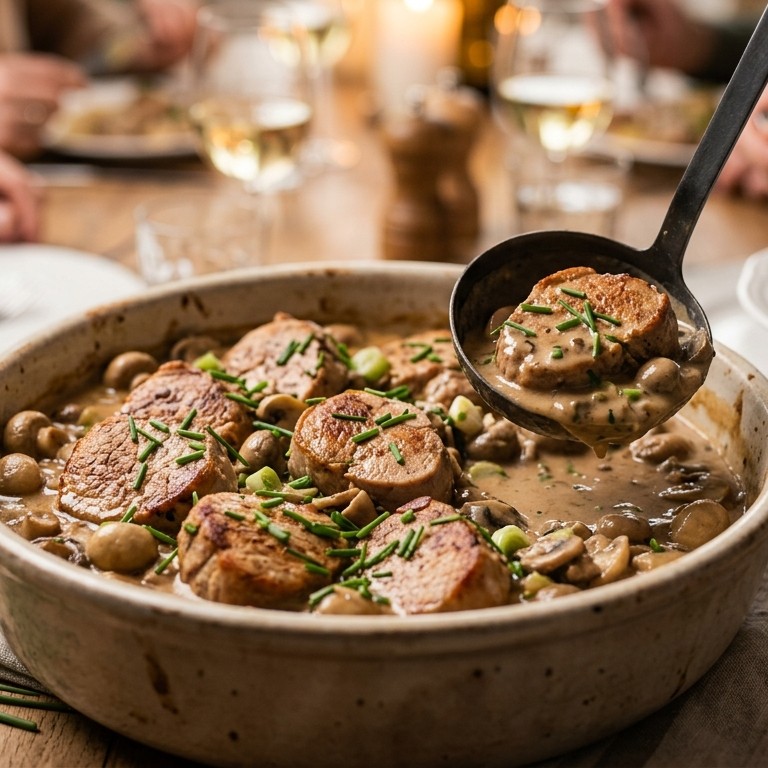 Varkensfilet in champignonroom voor buffet