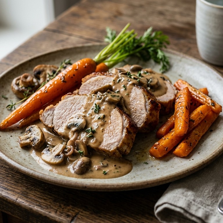 Varkensfilet met champignonsaus en wortels
