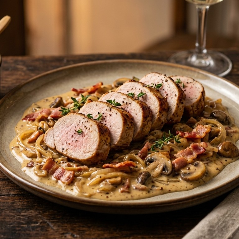 Varkensfilet met mosterd-uienroom