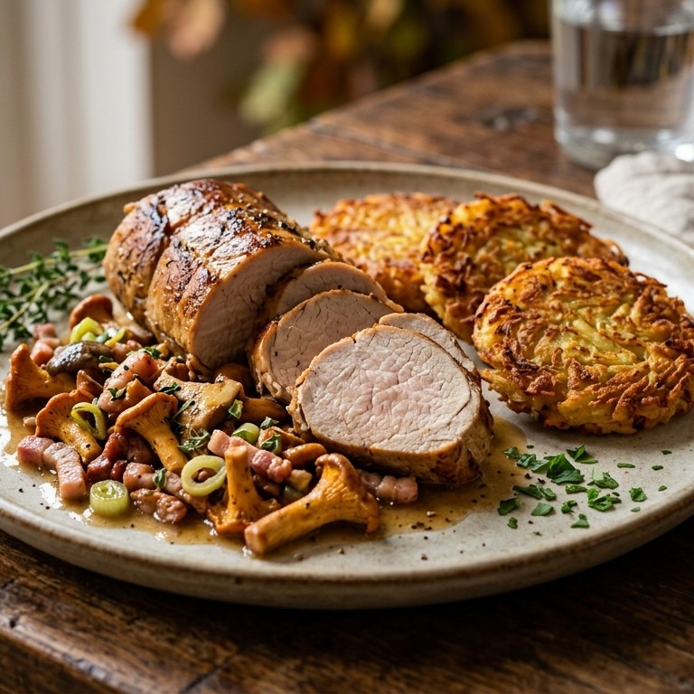 Varkensfilet met paddestoelen en röstikoekjes