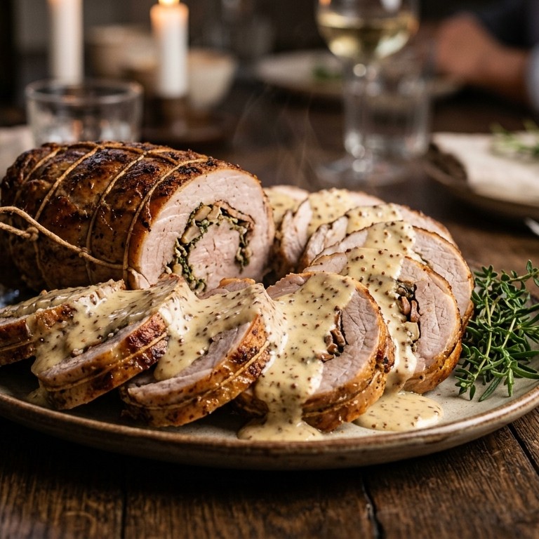 Varkensfiletrollade met mosterdsaus