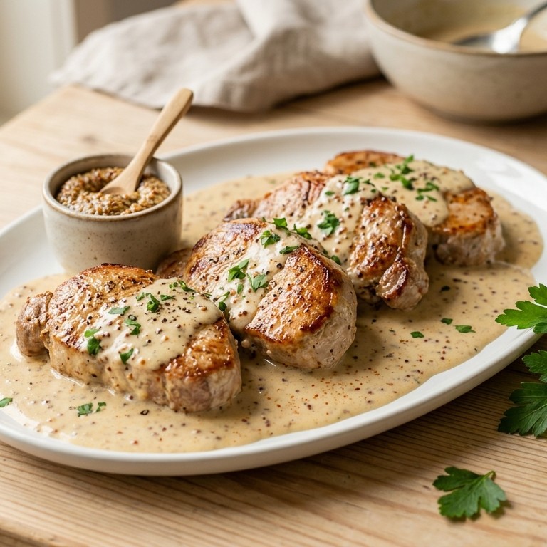 Varkensfilets in zachte mosterdsaus