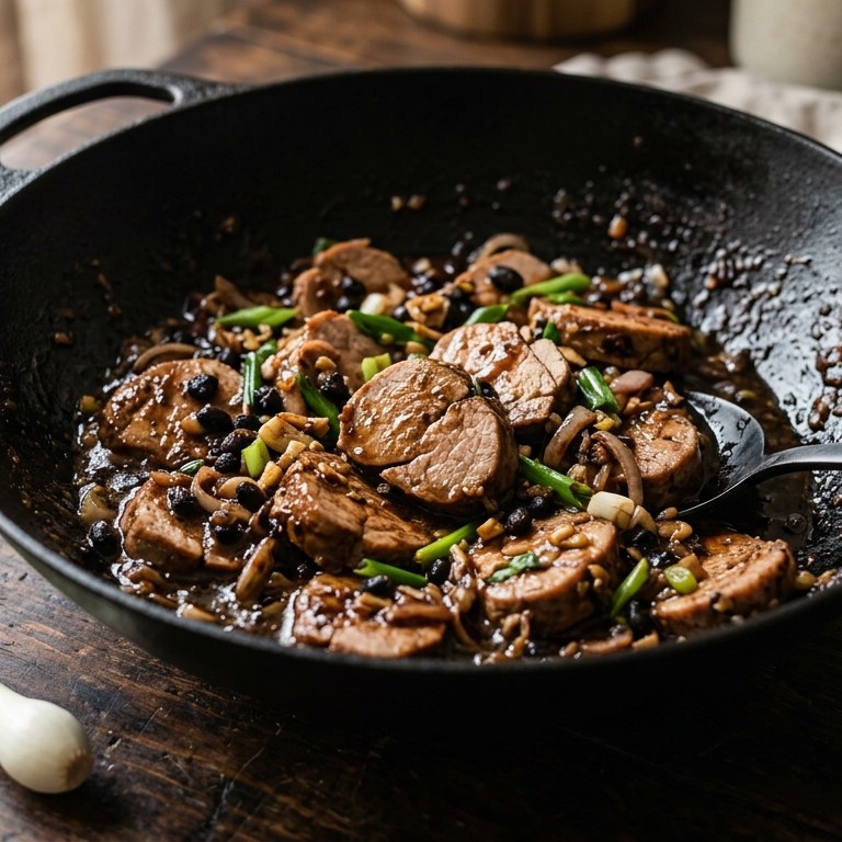 Varkenshaas met zwarte bonensaus