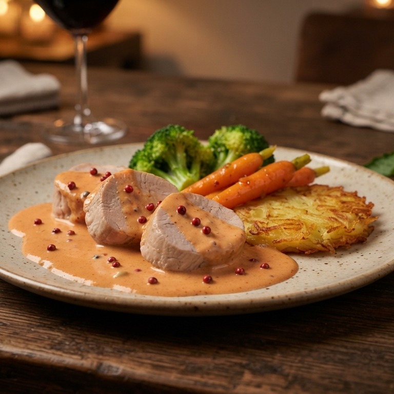 Varkenshaasje met tomatenroomsausje en roze peperkorrels