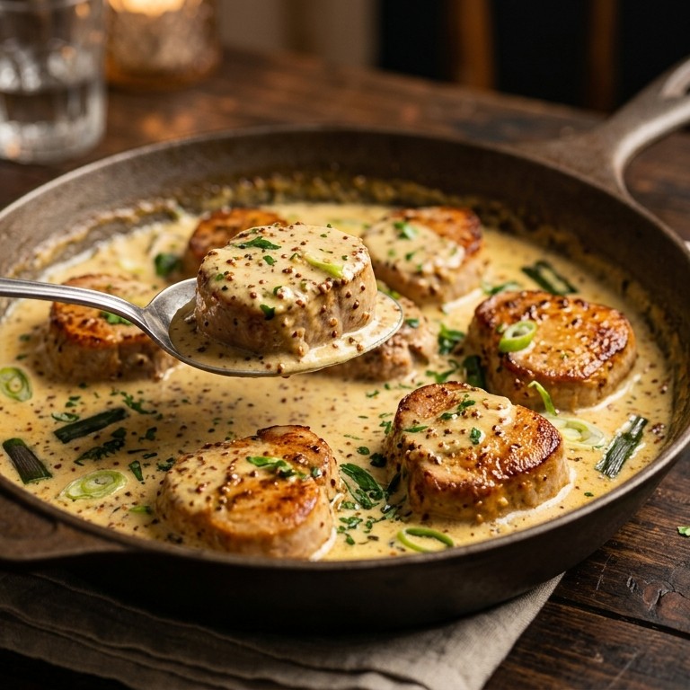 Varkensmedaillons met mosterdsaus