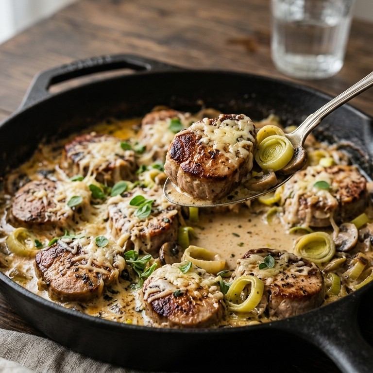 Varkensmedaillons met prei en champignons