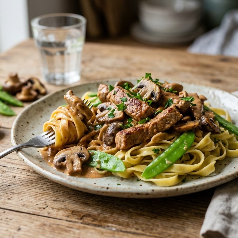 Varkensragout met champignons en tagliatelle