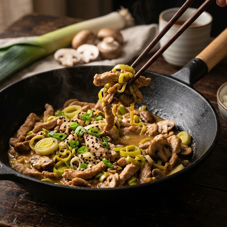 Varkensreepjes met prei en champignons