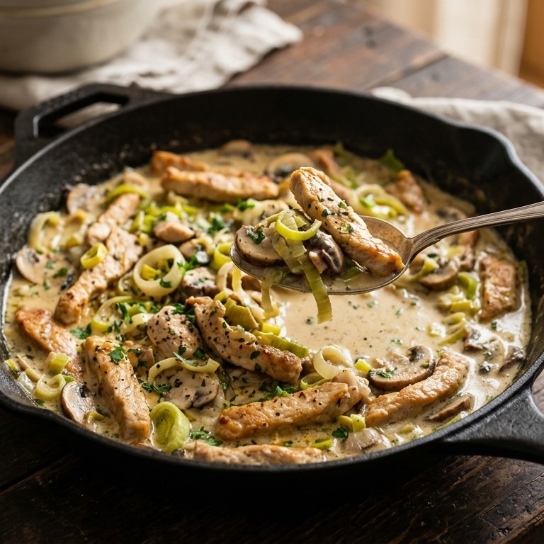 Varkensreepjes met prei en champignons