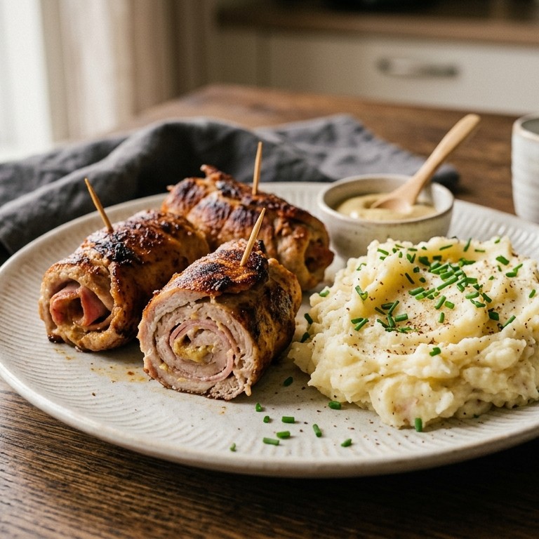 Varkensrolletjes met aardappelpuree
